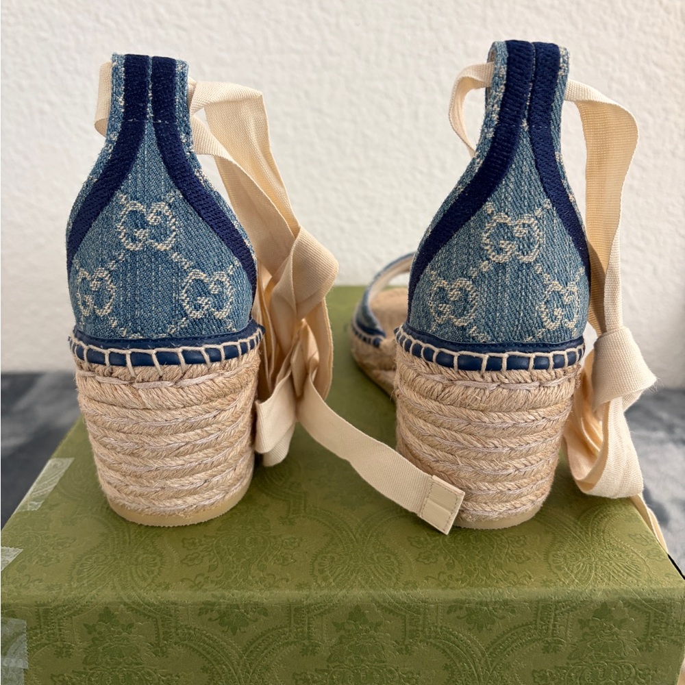 Gucci Blue Denim Monogram Espadrille Wedge Sandals with Cream Ankle Ties - Picture 5 of 11